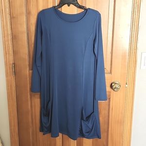 Stretchy Long Sleeve Blue Dress with Slouchy Pockets, Size L